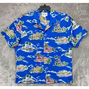 VTG Rai Nani Men's Hawaiian Shirt XL Blue Famous‎ Island Sites Polyester